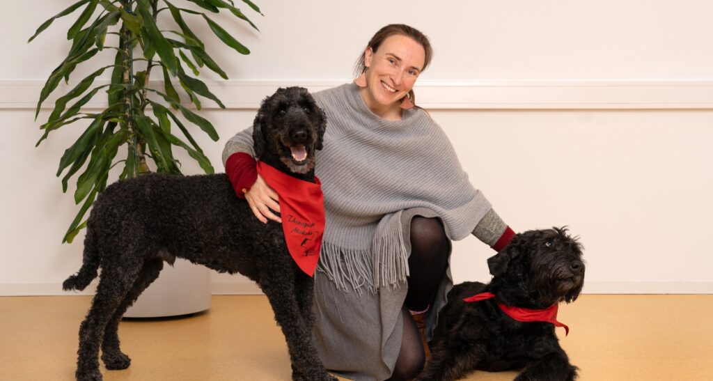 Zwei Therapiehunde mit Therapeutin